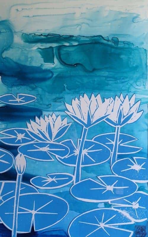 Pond 39/100, Lino print by Jennifer Baird