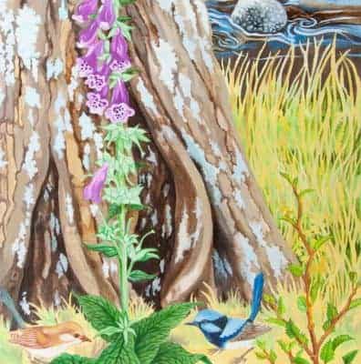 Foxglove and Blue Wrens_61x45_oil_$1800_detailed