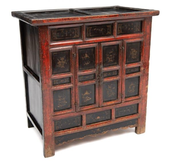 Red and black lacquered cabinet with scholar studio motifs - Image 3