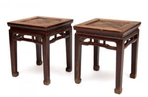 Square antique Chinese stools with cane matting