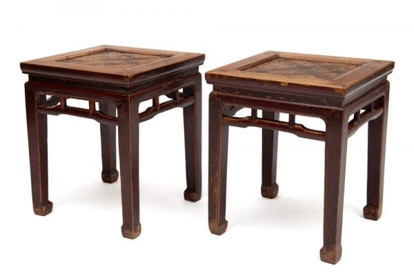 Square antique Chinese stools with cane matting