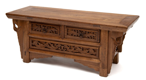Two drawer kang table with peony carving - Image 2