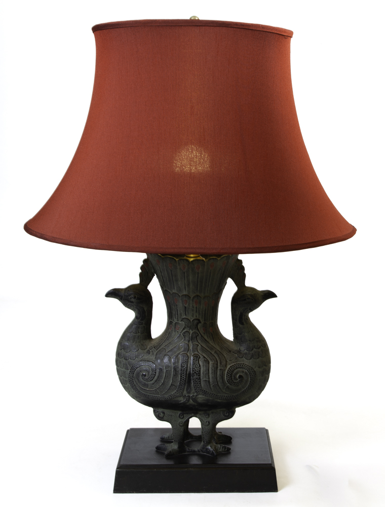 Double standing peacock bronze lamp